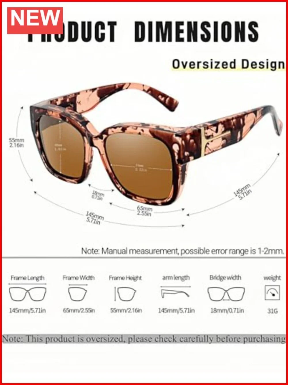 Oversized Fit Over Polarized Sunglasses UV400 TR90 Square Frame Unisex